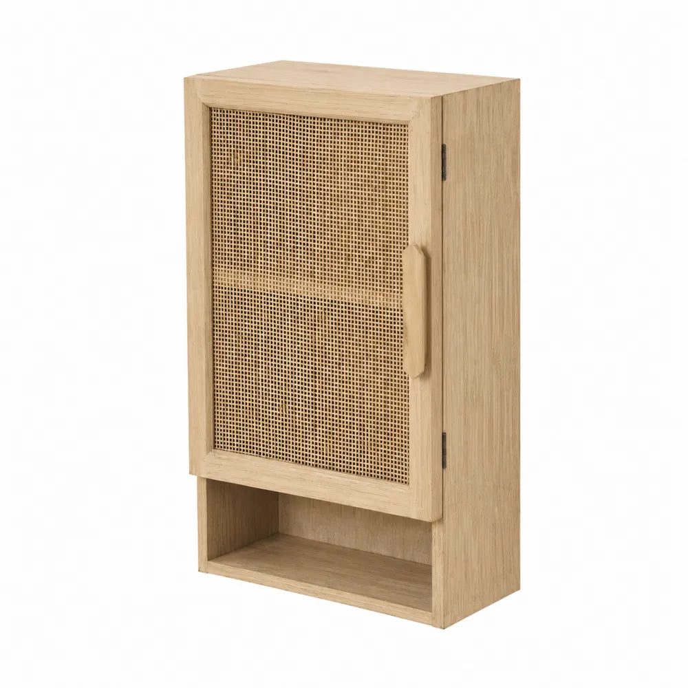 Holz Aufbewahrungsschrank mit Geflechtfront und offenem Fach, Naturholz