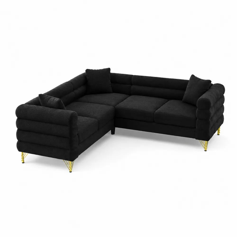 Ecksofa L-förmig Schwarz Polyestergewebe Goldene Metallbeine