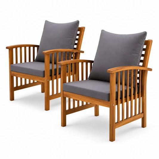 2er Set Gartenstühle aus Akazienholz mit grauen Kissen
