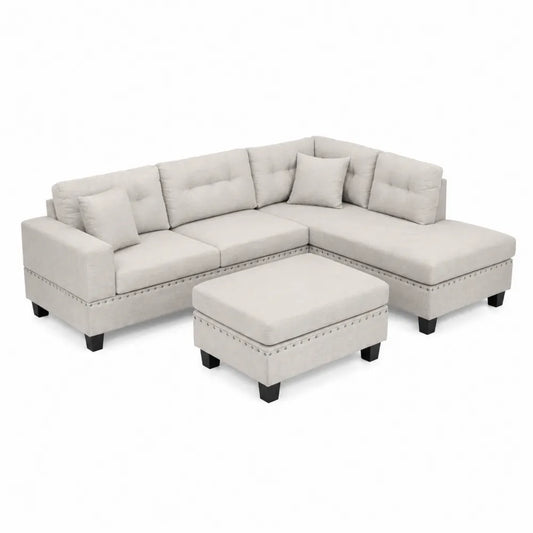 Ecksofa mit Hocker Stoff Beige